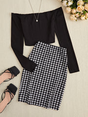 Black off-shoulder ribbed top with houndstooth pencil skirt and strappy sandals