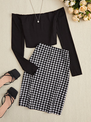 Black off-shoulder ribbed top with houndstooth pencil skirt and strappy sandals