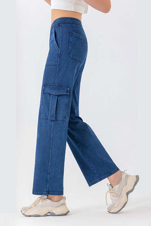 Utility denim cargo pants in light blue with a buttoned cargo pocket.