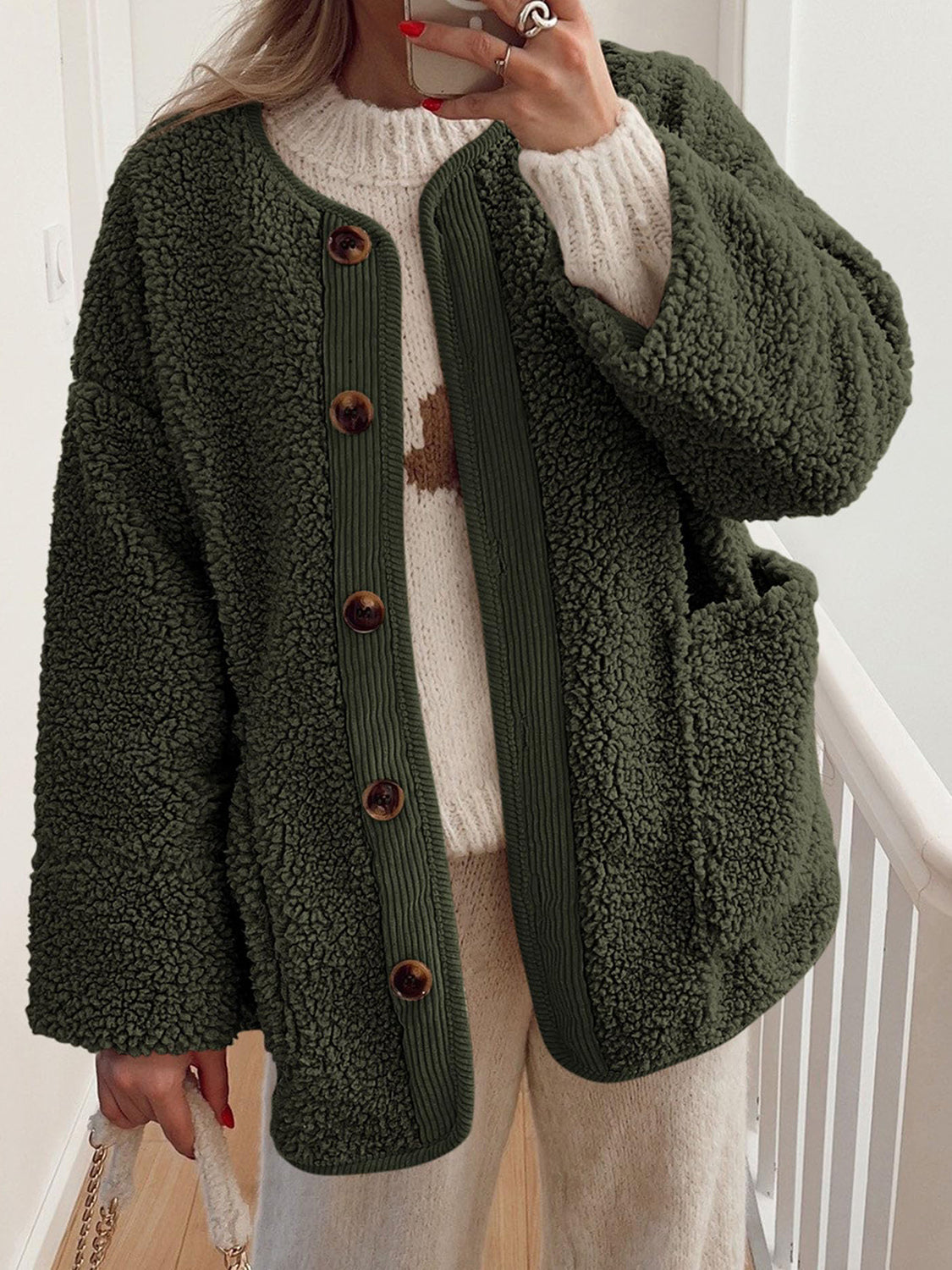 Black Forest teddy-texture button-up jacket with corduroy trim and pockets