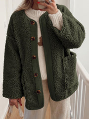 Black Forest teddy-texture button-up jacket with corduroy trim and pockets