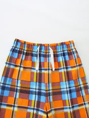 Baby plaid shorts with elastic waist and drawstring, orange, blue, brown, yellow.