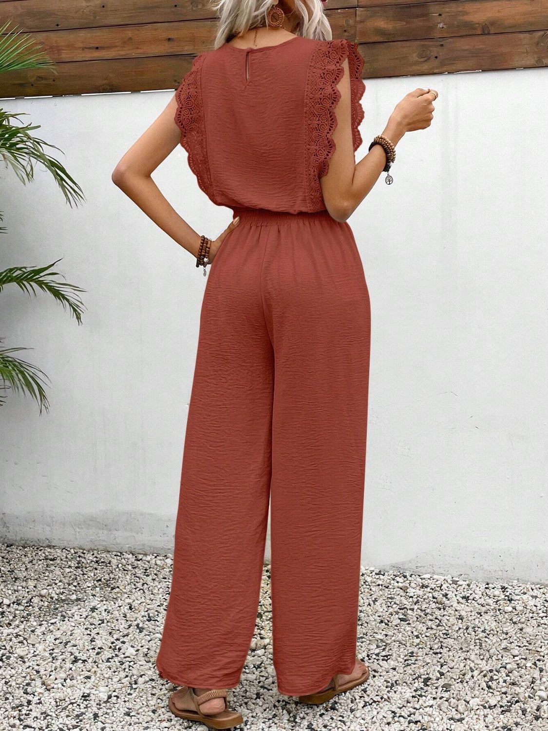 Terracotta textured ruffle sleeve drawstring jumpsuit with wide leg pants