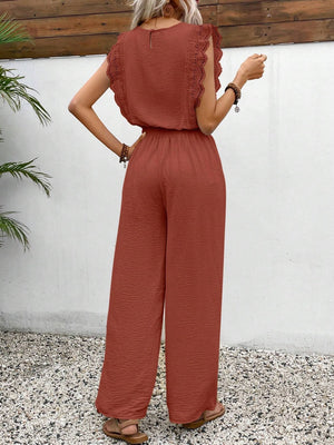 Terracotta textured ruffle sleeve drawstring jumpsuit with wide leg pants