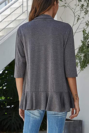 Dark Gray asymmetric hemline waterfall cardigan with 3/4 sleeves and ruffled hem.