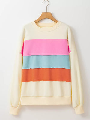 Colorblock Patchwork Crewneck Sweatshirt in Cream, side view