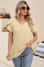 Light Yellow eyelet sleeve detail V-neck top with a breathable knit texture.
