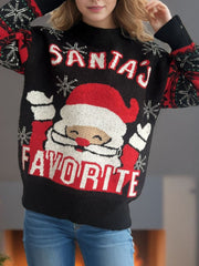 Black acrylic knit sweater with Santa graphic and "Santa's Favorite" text.