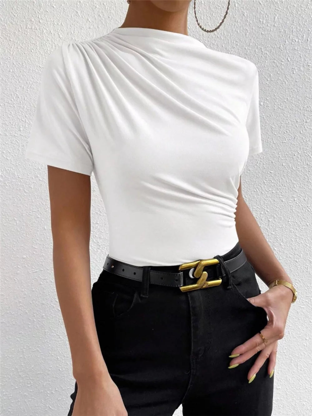 White ruched mock neck t-shirt with short sleeves and draped detailing.