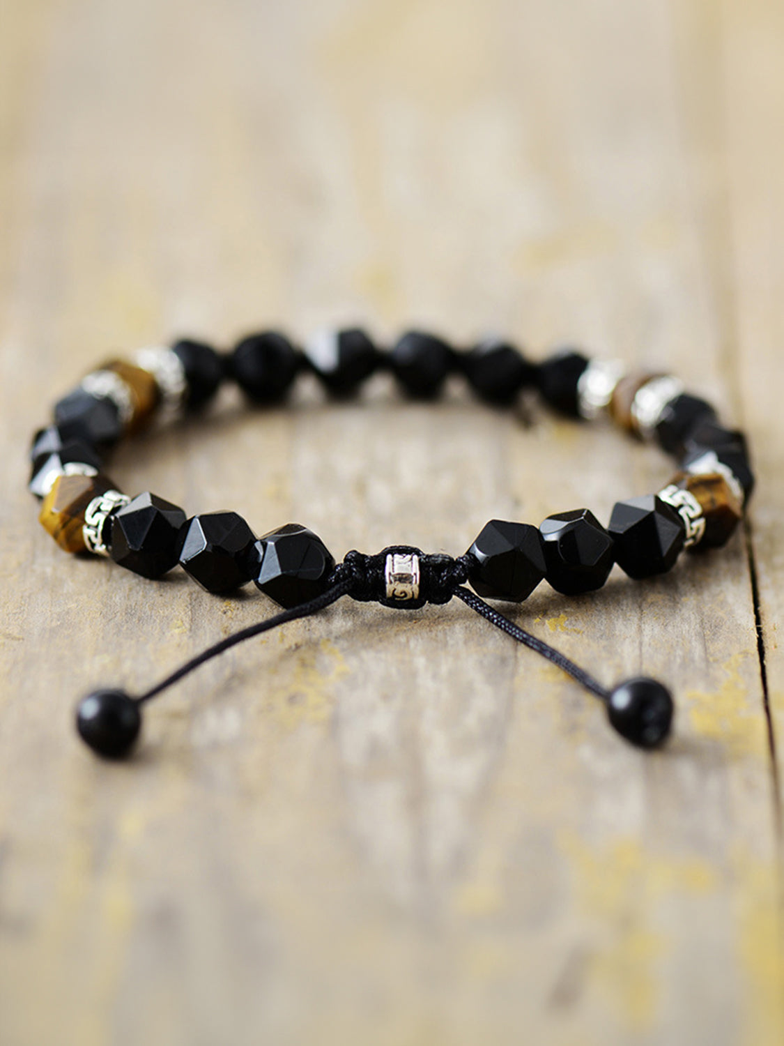 Adjustable black agate and caramel stone bead bracelet with silver accents