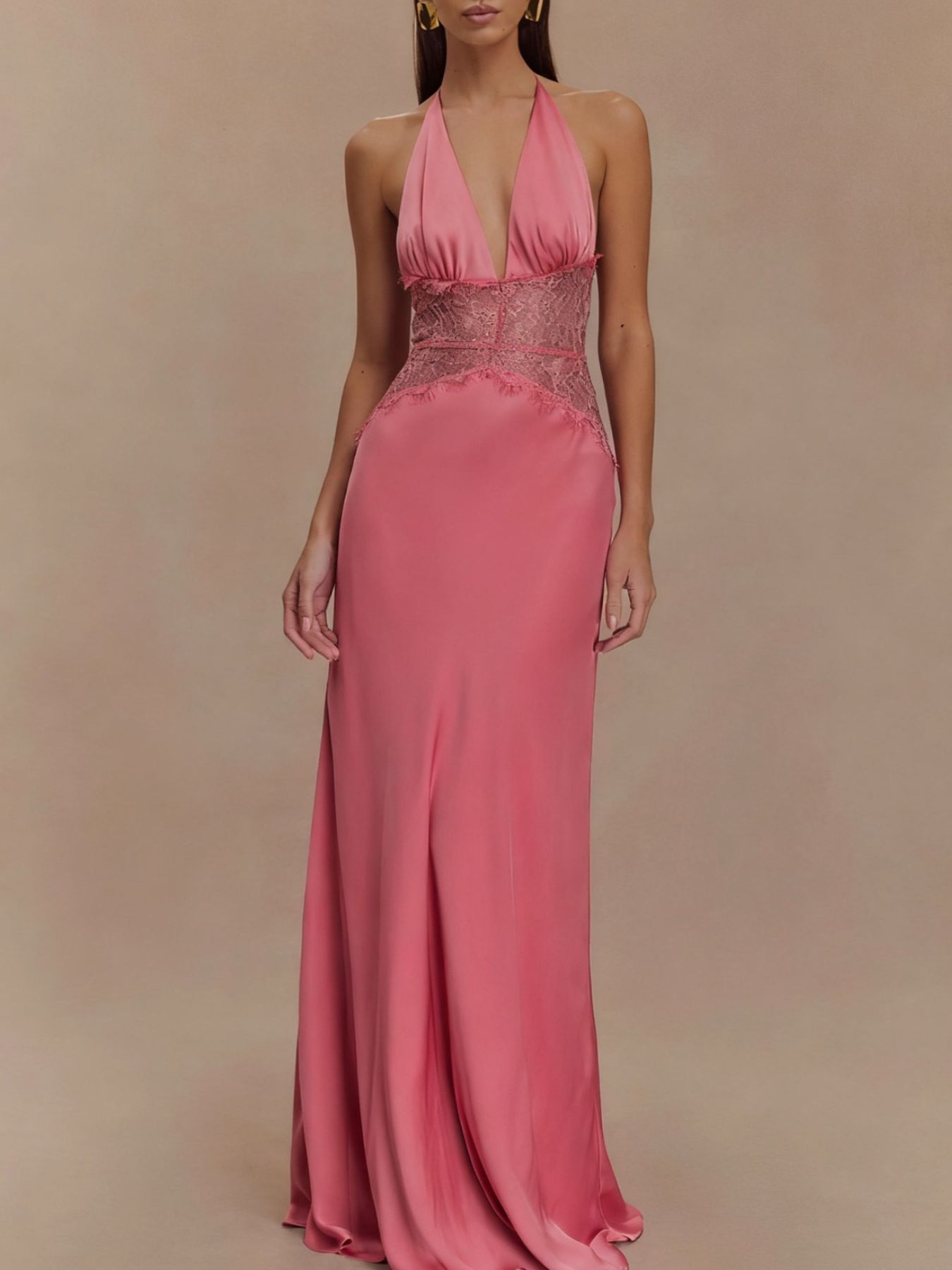 Fuchsia pink lace trim halter neck maxi dress with plunging neckline and satin finish.