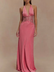 Fuchsia pink lace trim halter neck maxi dress with plunging neckline and satin finish.