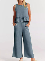 Ruffled Hem Sleeveless Top And Wide-leg Pants Set Plus Size in Black, side view