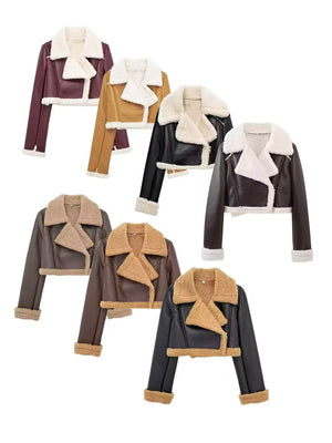 Cropped aviator jacket with shearling trim in black, brown, burgundy, chocolate, mustard, and black/white.