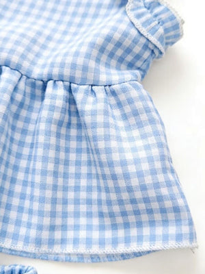 Children's light blue gingham ruffle cotton two-piece set with ruffled trim.