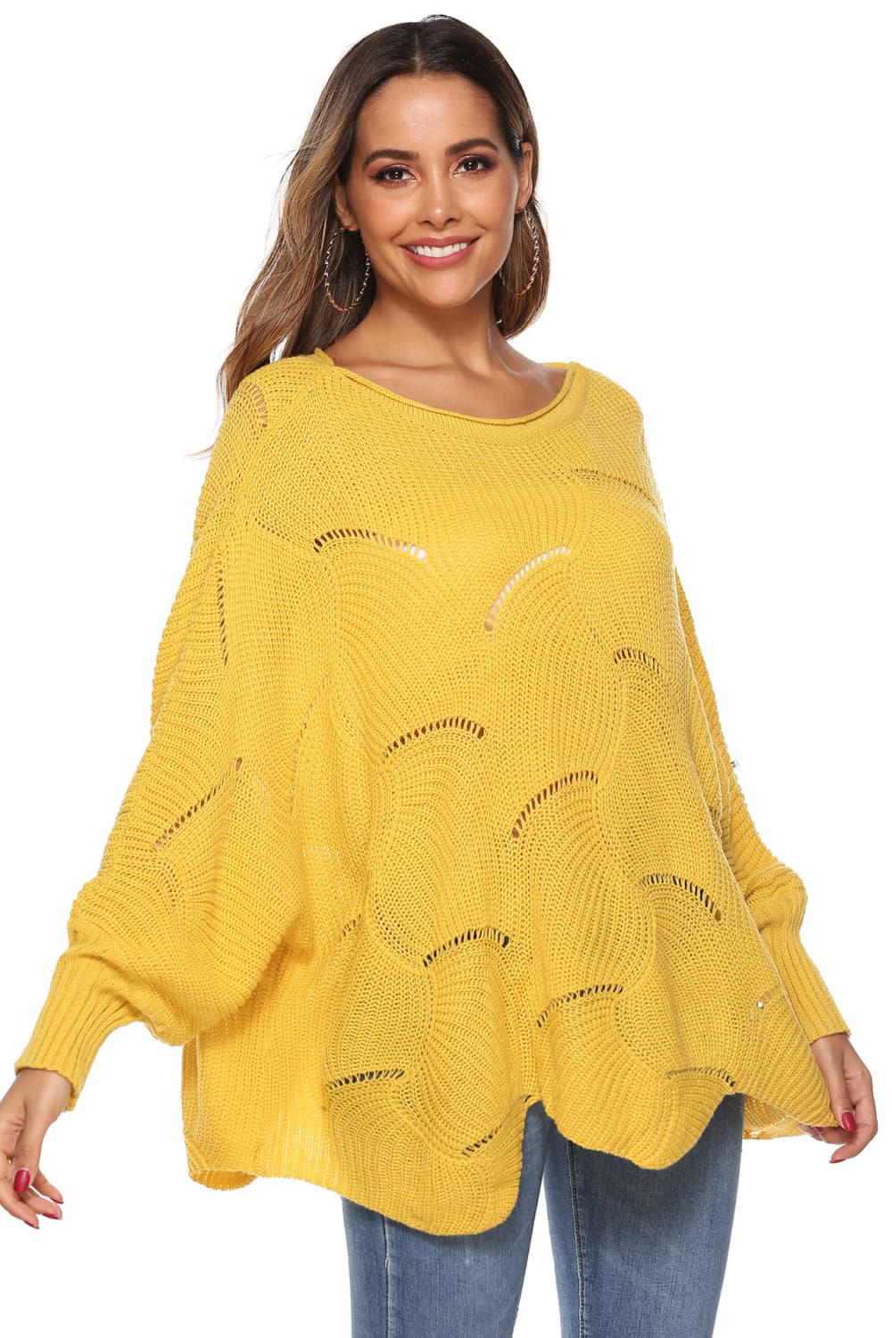 Yellow openwork knit sweater with boat neck and cocoon sleeves