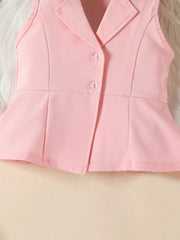 Pink sleeveless blazer with peplum detail and button closure