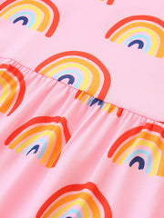 Toddler pink cotton blend dress with rainbow print and ruffled detail