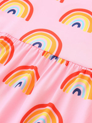Toddler pink cotton blend dress with rainbow print and ruffled detail