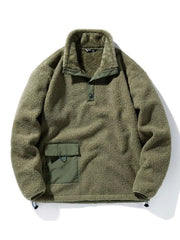 Plus-size olive green fleece pullover sweatshirt with snap collar and chest pocket