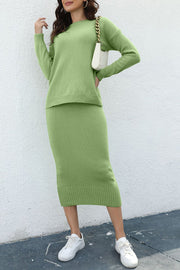 Ribbed knit midi co-ord set in Gum Leaf green acrylic with crew neck sweater and pencil skirt.