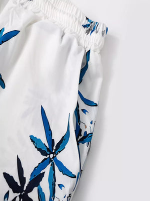 Men's Tropical Print Short Sleeve Shirt And Shorts Set in White, fit detail