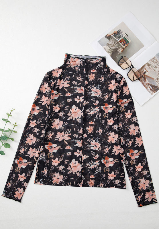 Black sheer floral mock neck long sleeve blouse with lettuce trim.