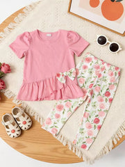 Pink ruffle top with puff sleeves and floral pants set for baby girls.