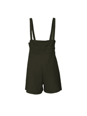 High-waisted drawstring suspender shorts in moss green with a cinched waist detail.