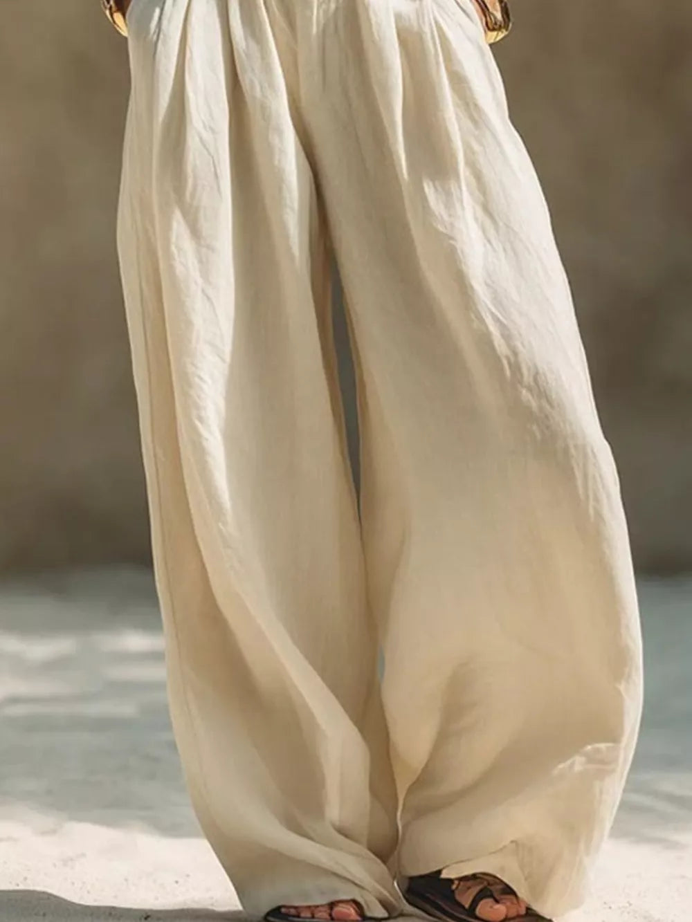 Full Size Elastic Waistband Wide Leg Pants in Beige, side view