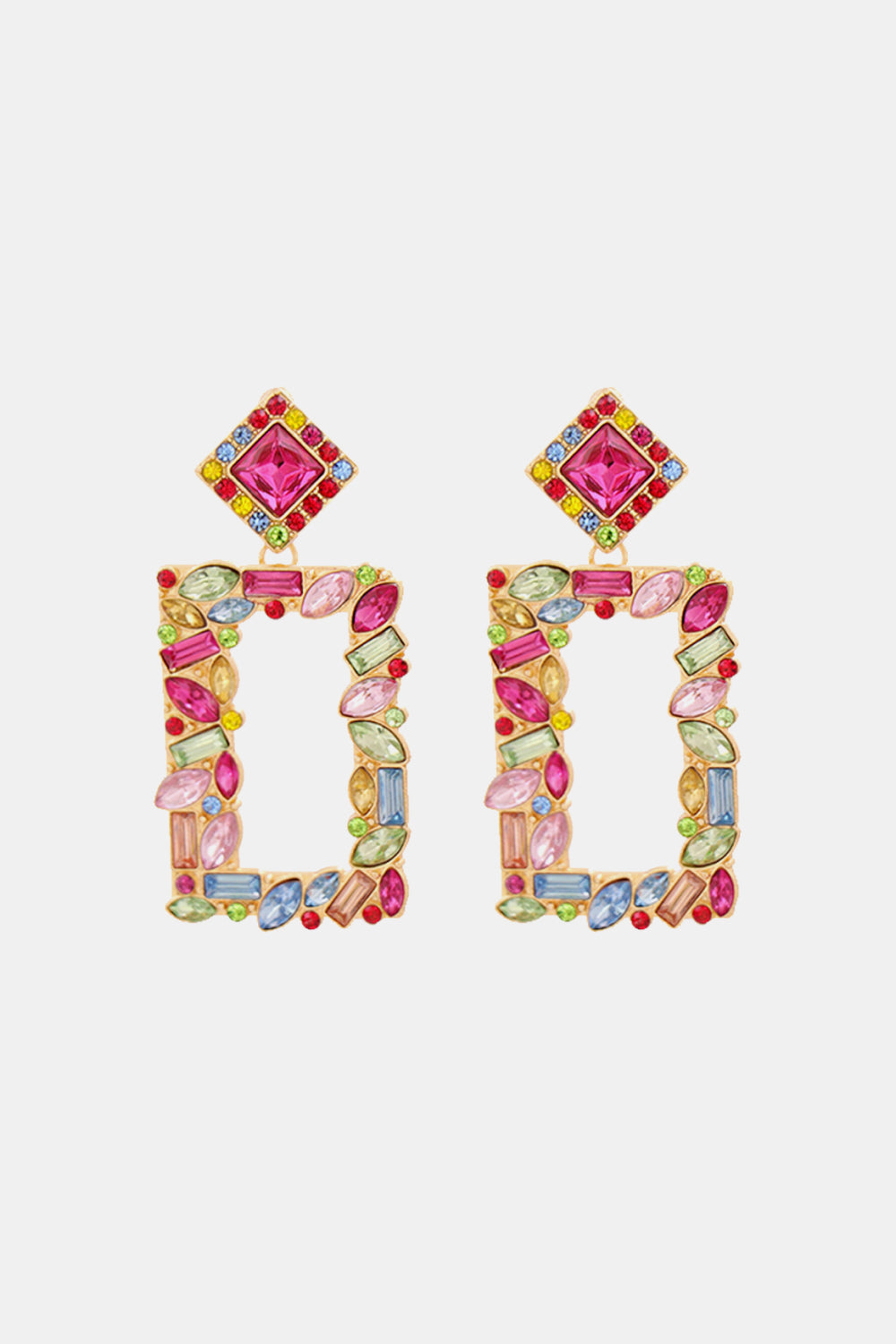 Geometric jewel box earrings with multicolor stones and a pink center gem.