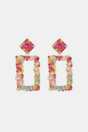 Geometric jewel box earrings with multicolor stones and a pink center gem.