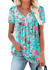 Floral ruched v-neck t-shirt in lake blue with short sleeves and button detail.