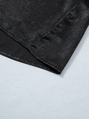 Black metallic tee with cap sleeves and round neck, made of polyester and spandex blend.