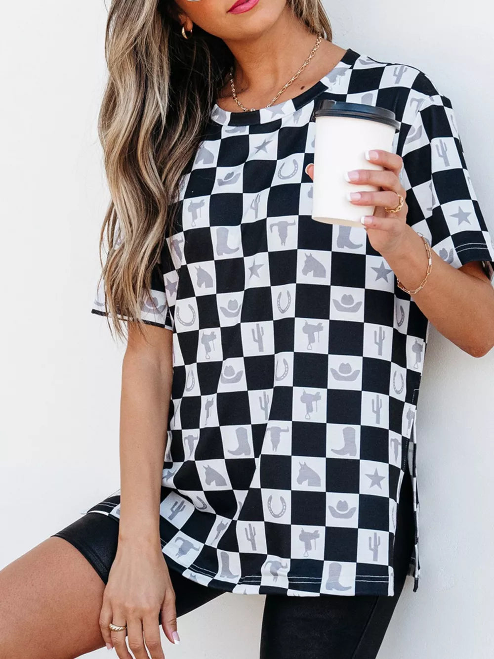Western Checkerboard Print Side Split T-shirt in Black, side view