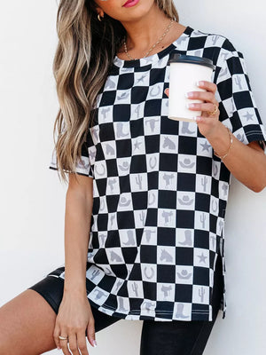 Western Checkerboard Print Side Split T-shirt in Black, side view
