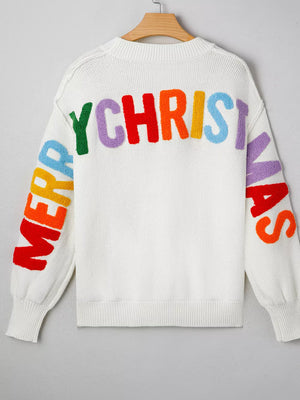 White chenille holiday knit sweater with rainbow "Merry Christmas" text on back and sleeves, crew neck.