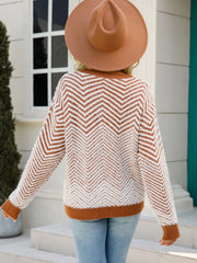 Chevron fluffy knit sweater in caramel and white with long sleeves and crew neck.