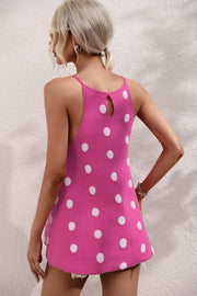 Hot Pink polka dot knit tank top with keyhole back detail.