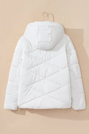 White glossy quilted hooded puffer jacket with diamond stitching detail.