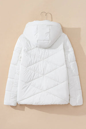 White glossy quilted hooded puffer jacket with diamond stitching detail.