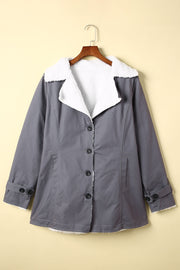 Sherpa-lined dark gray canvas button-down jacket with white sherpa collar and cuffs.