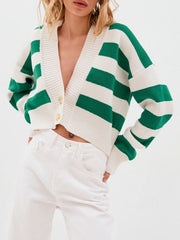 Cropped stripe knit cardigan in green and white acrylic with button front and V-neck.