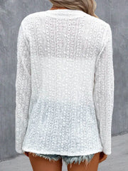 White eyelet embroidered open front cardigan with long sleeves and a delicate allover pattern.
