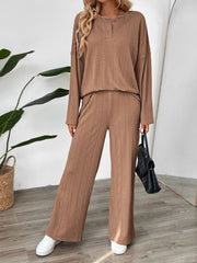 Textured camel henley loungewear set with button detail and wide-leg pants.