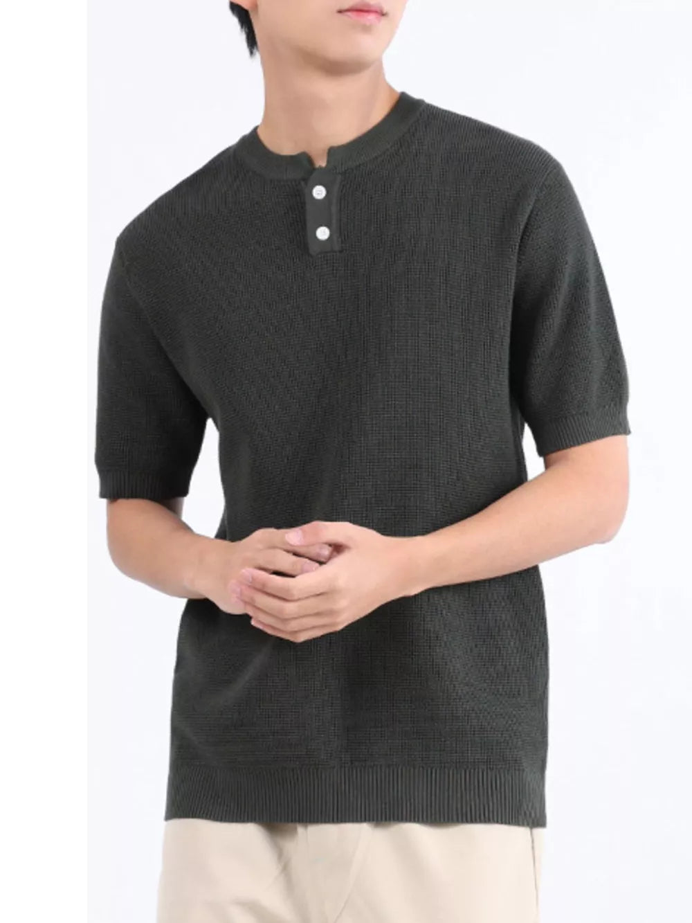 Men's textured knit henley shirt in Army Green with short sleeves and button placket.