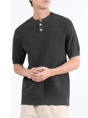 Men's textured knit henley shirt in Army Green with short sleeves and button placket.
