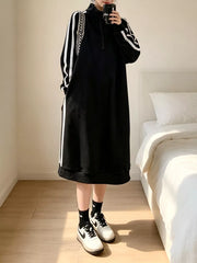 Casual Quarter-zip Mock Neck Midi Dress in Black, model styling view