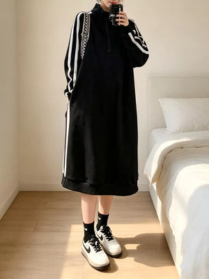Casual Quarter-zip Mock Neck Midi Dress in Black, model styling view