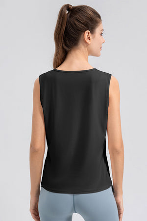 Black active tank top with notched neckline and sleeveless design